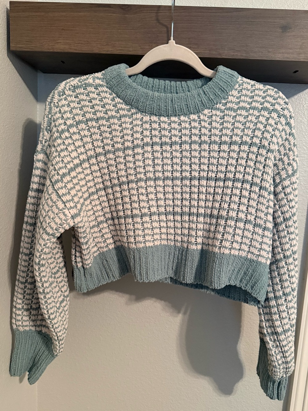 Altar'd State Mint & Cream Cropped Crewneck Sweater